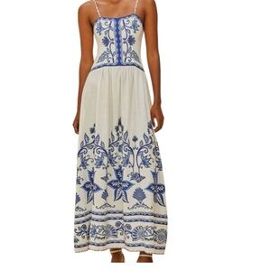 Farm Rio size large new Shell garden midi dress Blue Floral party guest